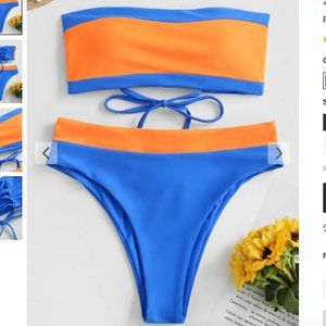ZAFUL Two Tone Lace Up High Leg Bandeau Bikini Swimwear